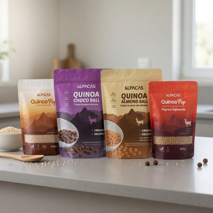Combo 1 Quinoa Pop + 1 Quinoa Pop Páprica + 1 Quinoa Choco Ball + 1 Quinoa Almond Ball
